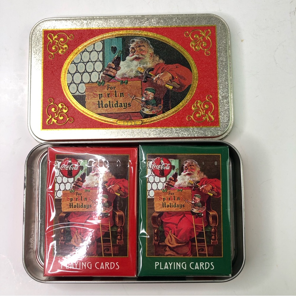 Vintage 1998 Coca Cola Nostalgia Tin 2 Playing cards Box games Sparkling Holiday